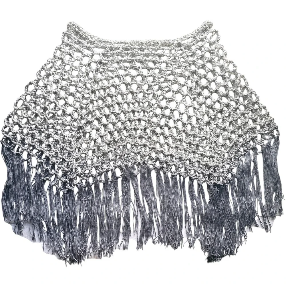 Handmade Crochet Shawl Women Gray Ombre Fringe Cotton Boho Poncho - Picture 10 of 10